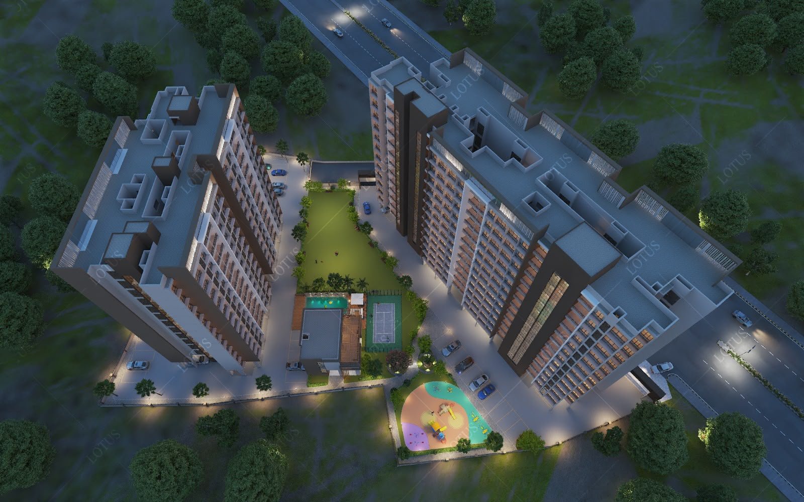 Masterplan aerial at night